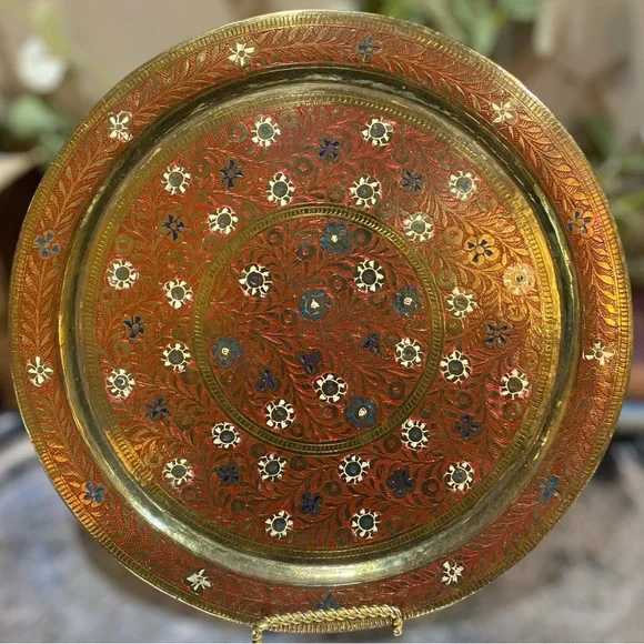Vintage Solid Brass Enameled Round Tray Floral Home Decor Accent Serving - Picture 5 of 5